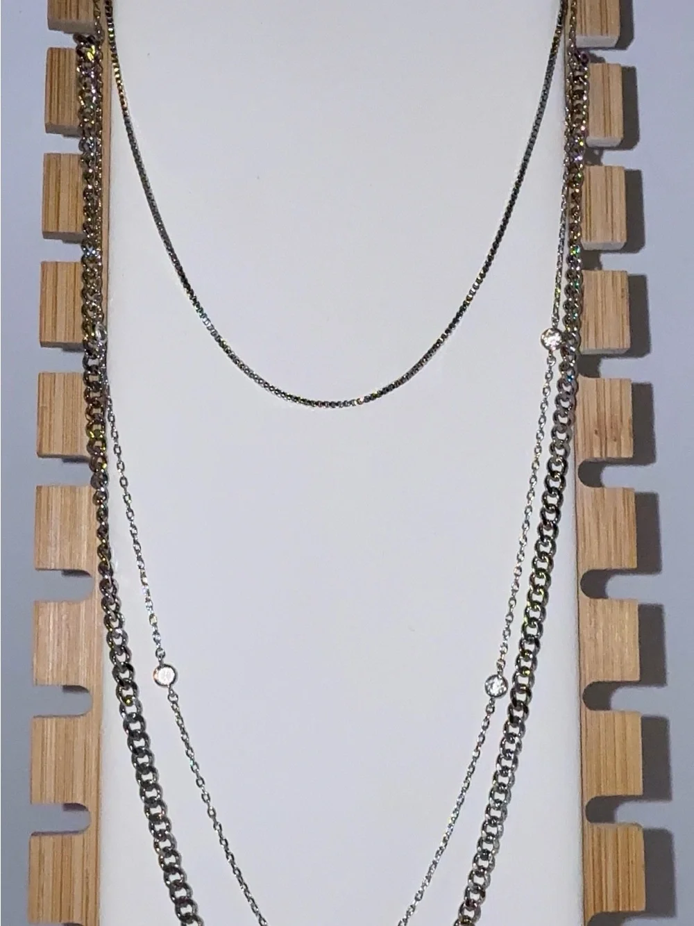 3 Layered Stainless Steel Silver Tone Crystal Station Necklace